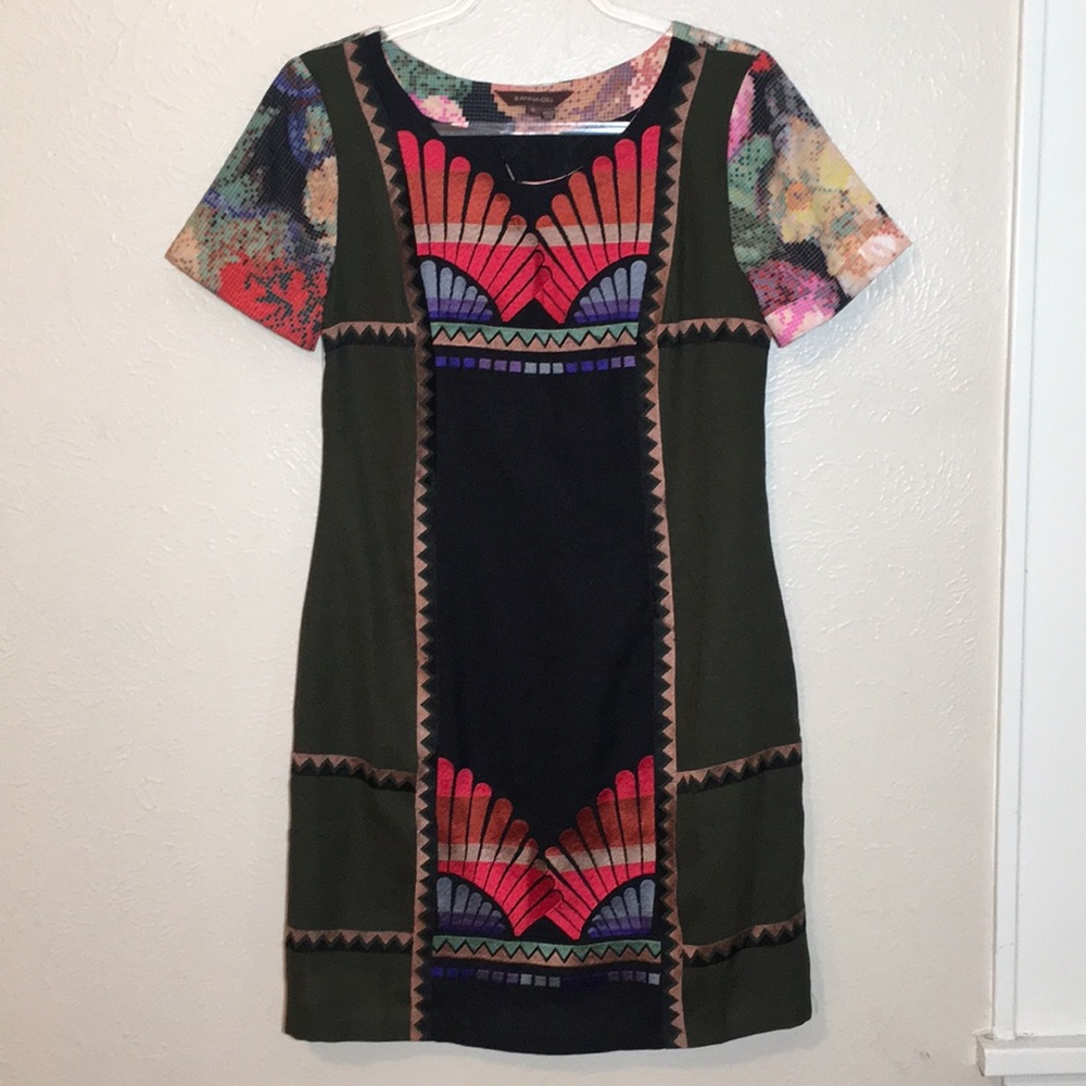 Anthropologie Olive Green Black Multicolor Embroidered Shift Dress